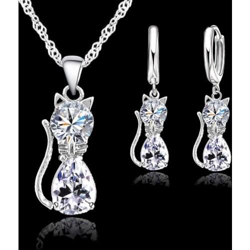 Women Jewellery Sets Genuine 925 Sterling Silver Cubic Zirconia Cat Cute Necklace Pendant+Leverback Earrings Hot Selling