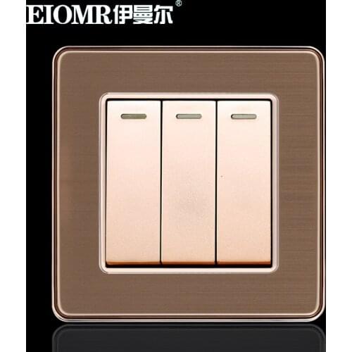 86mm EU Golden Stainless Steel Metal Wire Drawing Wall Switch for Household Power Supply 3Gang 1Way Switch 250V 16A