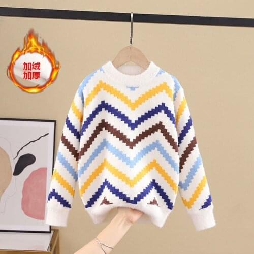 New Knitting Spring Winter Pullover Sweater Girls Kids Childrens Warm Thicken Mink Down Plus Velvet Stripe Clothing