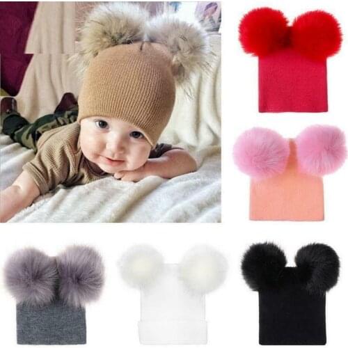 Newborn Baby Winter Warm Double Fur Pom Bobble Knit Beanie Hats Caps Fashion Boys Girls Wool Pom Bobble Hat Cap