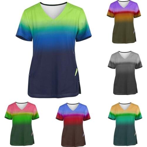Scrubs Women Nurse Uniforme Tie-dye Short Sleeve V-neck Pocket Tops Working Uniform Gradient Print Blouse медицинская одежда N