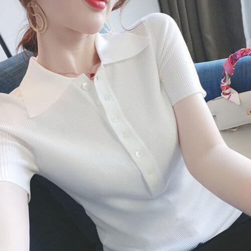 Polo collar sweater womens thin 2021 summer new fashion Joker slim jacket pullover short sleeve t-shirt