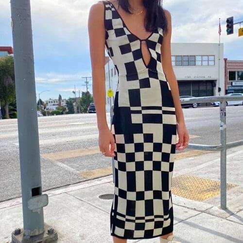 2021 Knit Hollow Out Long Dress Sexy Sleeveless Black Backless Y2K Summer Beach Party Night Clubwear Midi Bodycon Strap Dresses