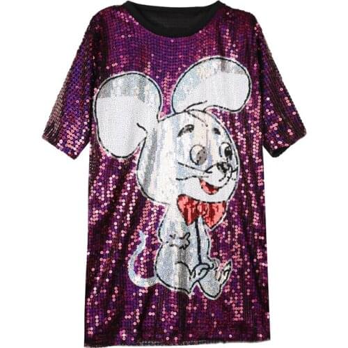 Ins Chic Europe Women Cute Animal Cartoon Sequins T-Shirt Ladies Summer Autumn Loose Long Top Purple Bling Tee