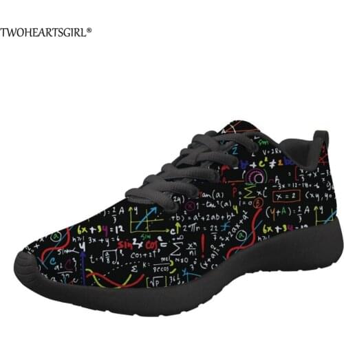 Twoheartsgirl Trendy Math Formula Printed Mesh Sneakers for Women Comfort Flats Shoes Ladies Comfort Light Lacing Jogging Shoes