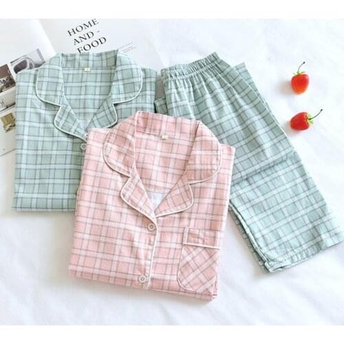 100% Cotton Gauze Women Pajamas Sets with Pants Long Sleeve Turn-down Collar Pyjama Plaid Button Top+Pants Pijamas mujer