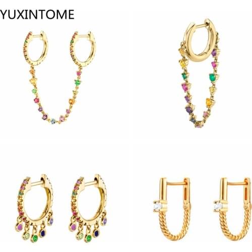 925 Sterling Silver Ear Buckle Hoop Earrings For Women Colorful Crystal Chain Earrings Circle Earrings Jewelry Pendientes