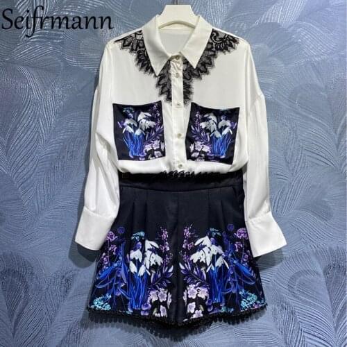 Seifrmann New 2021 Summer Women Fashion Runway Shorts Set Lantern Sleeve Lace Loose Blouses + High Waist Printed Shorts Suits