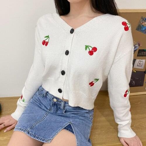Women Autumn Knitted Sweater V Neck Cherry Print Long Sleeve Cardigan Sweater Chic Lady Fashion Single Breasted Crop Top Sueter