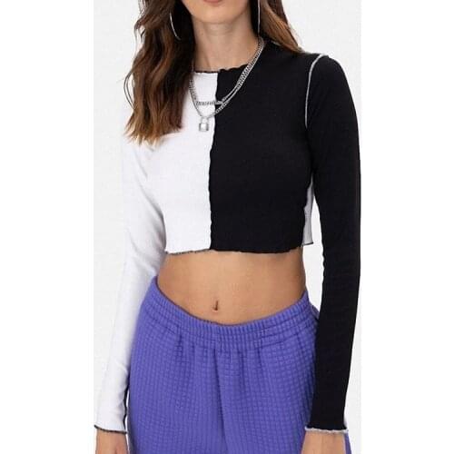 Color Block Patchwork Slim Crop Top Women Spring Long Sleeve Round Neck T-Shirt Stylish Chic Casual Wild Daily Wear Shirt
