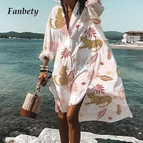 Women Elegant Turn-Down Coller Shirt Autumn Dress 2020 Vintage Cherry Print Dresses Female Loose Long Sleeve Beach Dress Vestido