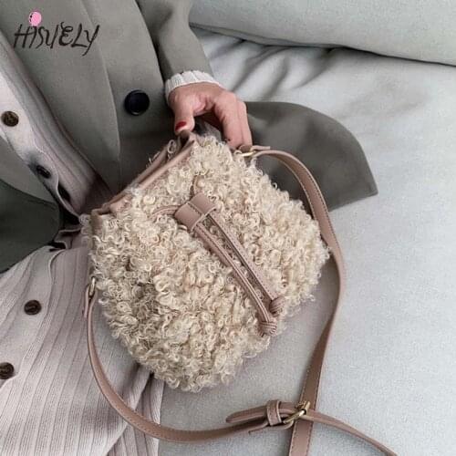 HISUELY Winter Plush Women Bucket bags small Shoulder Bag Casual Lady Tote Handbag Fashion Shopping Bag Travel Purse Female