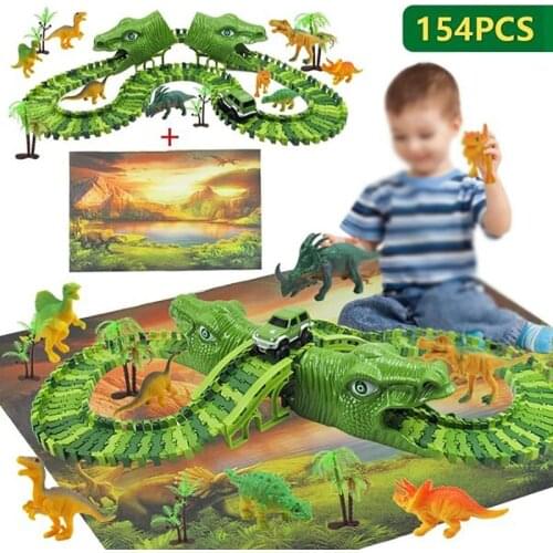 154PCS Plastic Puzzle Dinosaur Railway Track Off-Road Electric Car Chargable DIY Building Blocks Educational Game Carpet Kid Toy