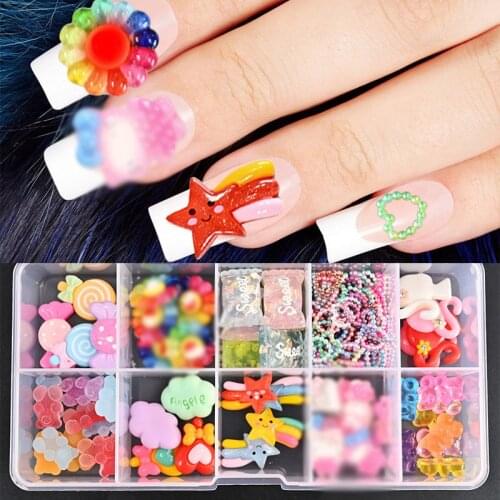 40Pcs Kawaii Resin Nail Art Tips Decoration In 10 Grids BOX Luxury 3D (Gummy Bear,Candy,Flower)Nail Art Decal Charm Kit