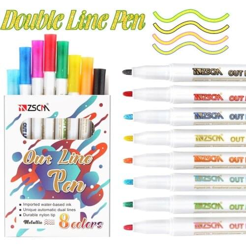 8 Colors Metallic Double Line Pen 5mm Outline Art Marker Pen Drawing Highlighter Pen For Kids Gift Diary Scrapbooking Stationery