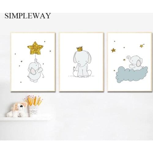 Child Poster Elephant Cartoon Animal Moon Star Print Baby Nursery Wall Art Canvas Painting Nordic Kid Bedroom Decoration Picture