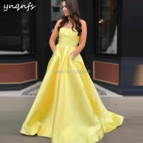 YNQNFS P33 Elegant Pockets Crystal Strapless Satin Long Yellow Dress Prom 2019