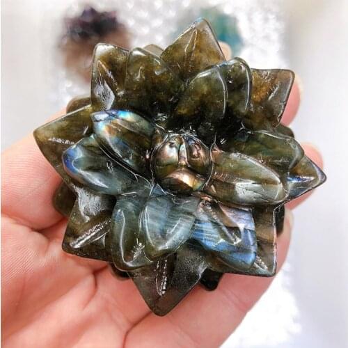 Natural Labradorite Flowers Figurine Carved Crystal Fluorite Lotus Succulents Statue Healing Crystals For Garden Decoration