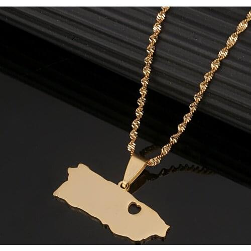 Stainless Steel Gold Color Puerto Rico Map Pendant Necklaces Puerto Ricans Map Heart Jewelry
