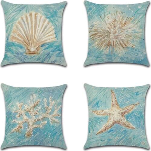 Cartoon hand drawn shell coral starfish Printed Cushion Cover Cotton Linen Ocean Printed Home Decor Pillowcase Sofa Cushion Case