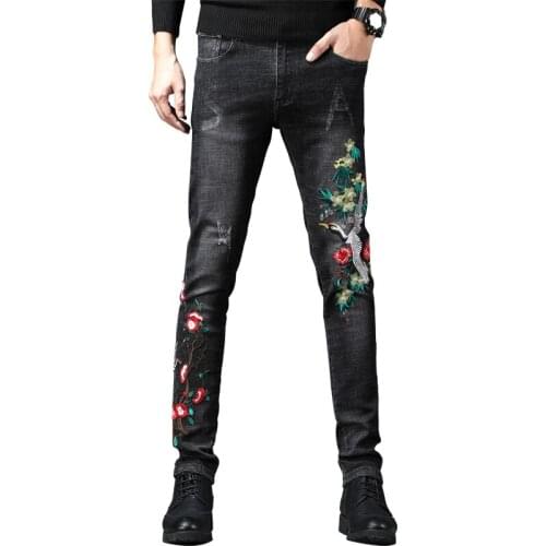 Men Stretchy Ripped Skinny Flower And Bird Embroidery Jeans Destroyed Hole Slim Fit Scratched Denim Pants High Quality