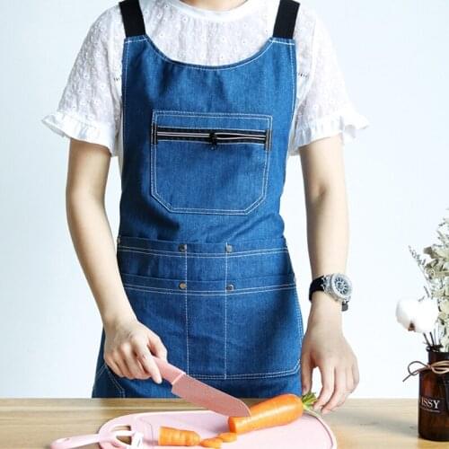 Men Women Denim Shop Tools Work Aprons Adjustable Cross Back Kitchen Bib with Multi Pockets for Cooking Woodworking