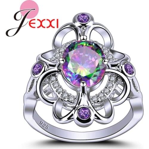 New Luxury Colorful 925 Sterling Silver Big Cubic Zirconia Rings For Women Temperament Creative Design Best Sell Jewelry
