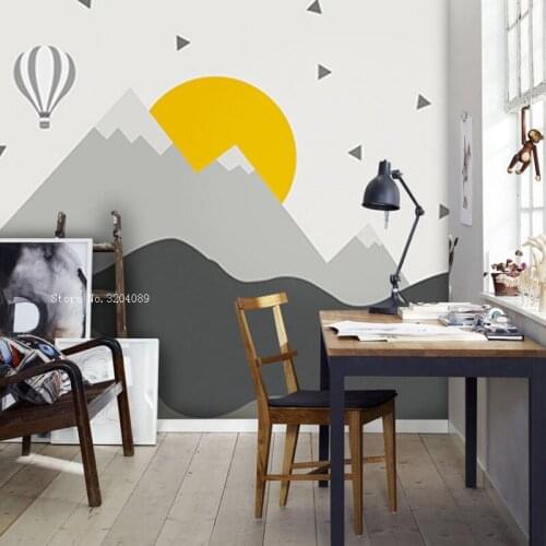 Grey Tones Mountains And Hot Air Ballon Wallpaper Nordic Wall Stickers Geometric Patterns Kids Room Poster Removable YT6293