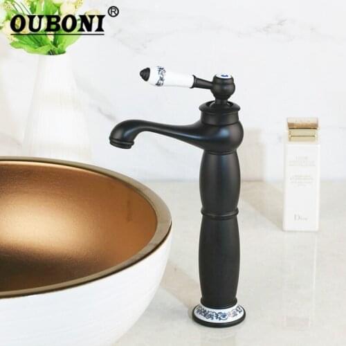 OUBONI Black Ceramic Handle Basin Tap Faucets Bathroom Oil Rubbed Black Bronze Deck Mount Sink Vanity Tap Mixer Faucet