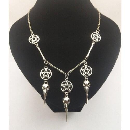 Pentagram Raven Skull Pendant Choker Necklace