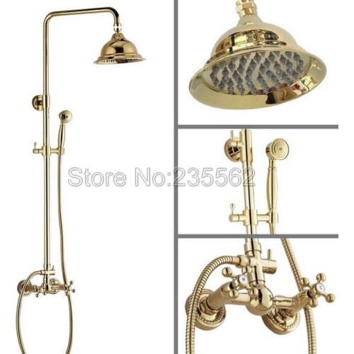 Luxury Golden Brass 6.3" Rainfall Bathroom Rain Shower Faucet Set Mixer Tap W/ Hand Spray lgf326
