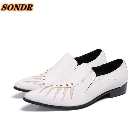 Mens Genuine Leather Shoes White Print Pointed Toe Print Rivets Men Dress Shoes For Wedding Party Formal Shoes Scarpe Da Uomo