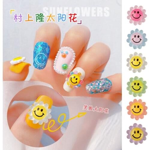 30pcs Transparent Sun flower smiley Stylish Resin Nail Art Decorations Rhinestones 6 color DIY 3D Charms Manicure Art Accessorie