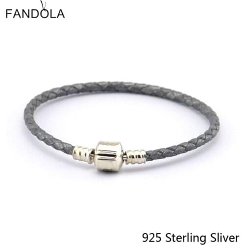 CKK 925 Sterling Silver Clasp Clip Gray Chain Leather Bracelets Jewelry Making Fits For Beads And Charms