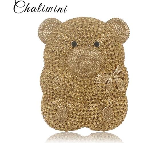 Women Cartoon Cute Bear Hollow Out Gold Crystal Evening Bags Metal Hard Case Clutches Rhinestones Gift Box Handbag Clutch Purse