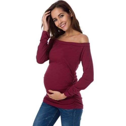 Womens Clothing Maternity Tunic Tops Off Shoulder Long Sleeve Maternity Clothes Classic Side Ruched T-Shirt Pregnancy Clothes