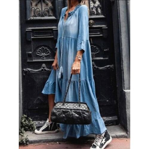 Women 3/4 Sleeve Pockets Single-breasted Irregular Hem Knee-length Loose Dress Polyester Women Summer Dress
