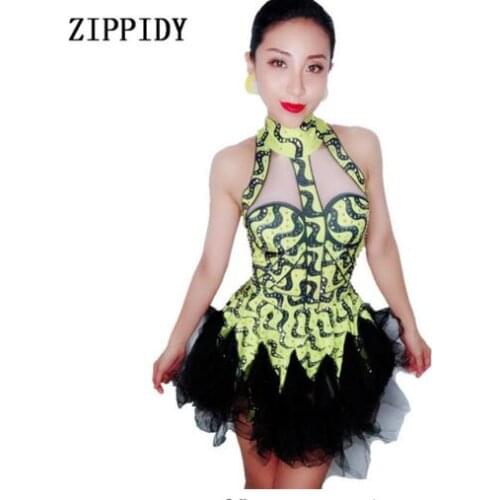 Dress Nightclub Women Singer Dance Dress Costume Birthday Celebrate Show Dress Bright Rhinestones Printed Spandex Sleeveless