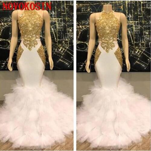 2019 Gorgeous Halter Gold and White Prom Dresses Puffy Tulle Skirt Real Pictures Mermaid Formal Party Dresses Evening Gowns
