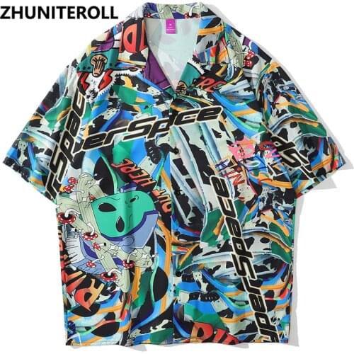 Alien Graffiti Print Hawaiian Beach Shirts Hip Hop Button Shirt Mens Fashion Short Sleeve Teachwear Holiday Party Blouse Tops