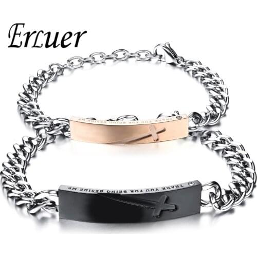 ARUEL Artistic Carving Letter Stainless Steel Couples Charm Bracelets Bangles Women Men Cubic Zircon Cross Lover Promise Jewelry