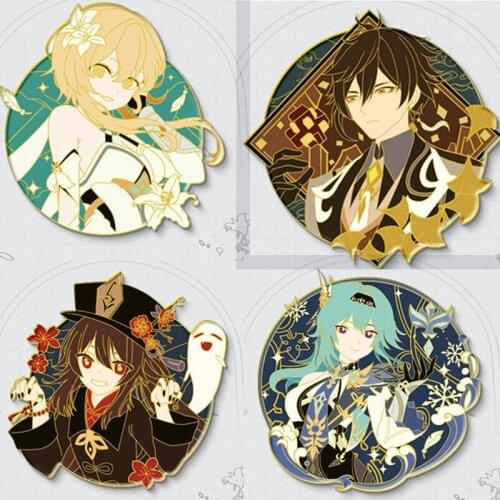Genshin Impact Enamel Pins Zhongli Hutao Xiao Ganyu Keqing Barbatos Anime Demon Slayer Jujutsu Kaisen Badge Brooches Accessories