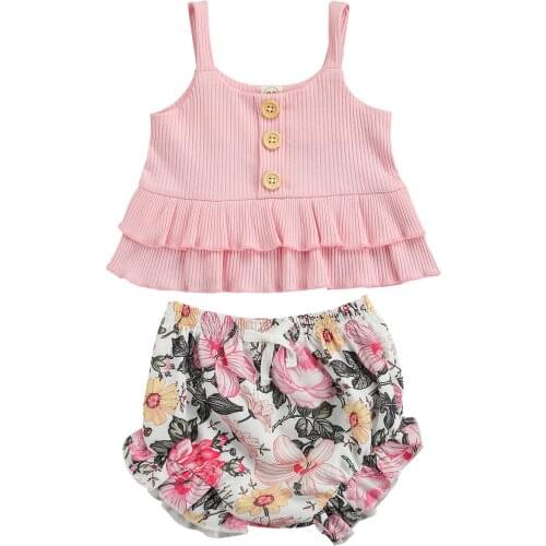 Baby Kids Girls Two Piece Summer Outfits Sleeveless Button Ruffle Tank Tops Floral Shorts Infant Toddler Children Sets 6M-4T