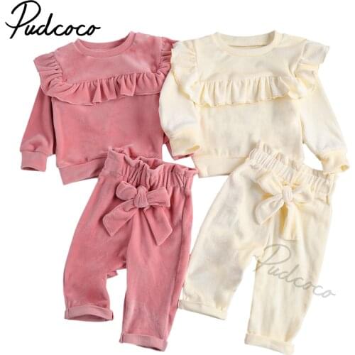 Toddler Baby Girls Smooth Velvet Flannel Outfit Sets Round Neck Ruffle Trim Top Elastic Waist Bowknot Pant Clothes Autumn Winter