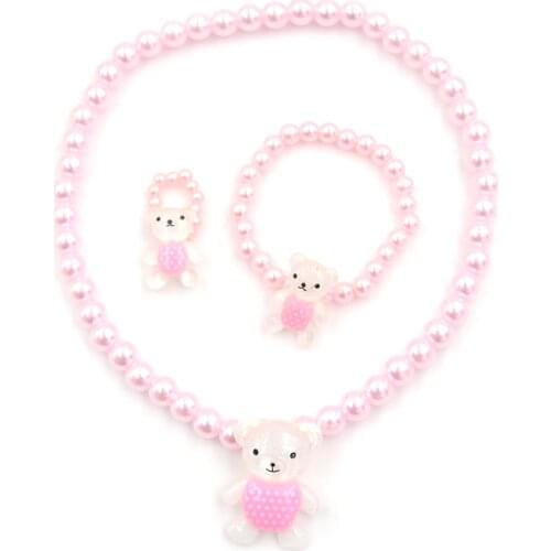 Kids Baby Girls Imitation Pearls Beaded Animal Designed Rabbit Bear Necklace Bracelet Rings Jewelry Set