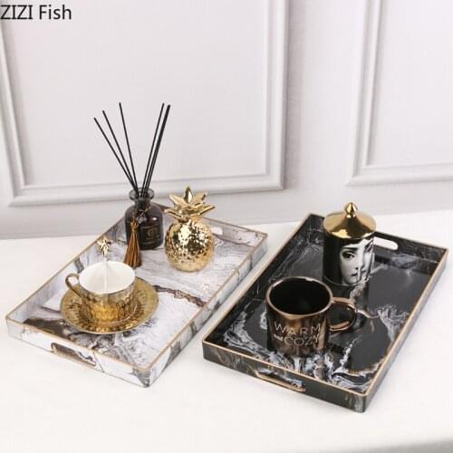European Cosmetics Jewelry Decoration Storage Display Tray Marble Pattern Rectangle Snack Fruit Trays Decorative Home Decoration