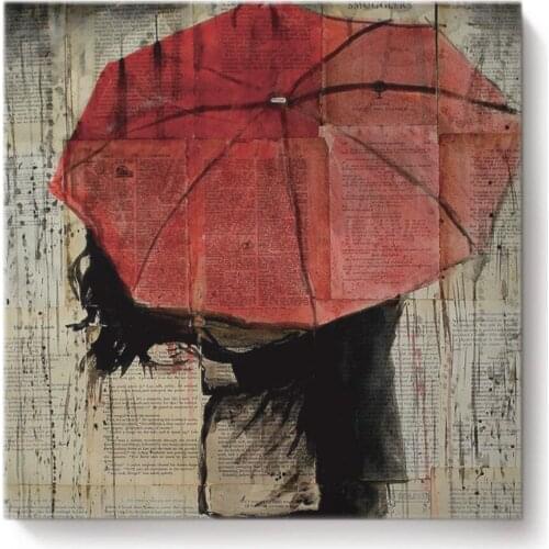 Canvas Wall Art Square Oil Painting Modern Artworks Office Home Decor,Retro Oil Painting Girls with Red Umbrella Drop shipping