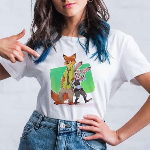 Kawaii Disney Zootopia Anime Cartoon Cute Rabbit Judy Fox Nick Print Loose T-shirt Summer Women Harajuku Fashion Tshirt