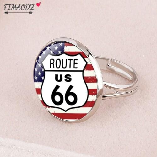 FIMAODZ Retro US Flag Route 66 Ring Adjustable Glass Old-fashion Route Picture Classic Rings for Women Men Jewelry