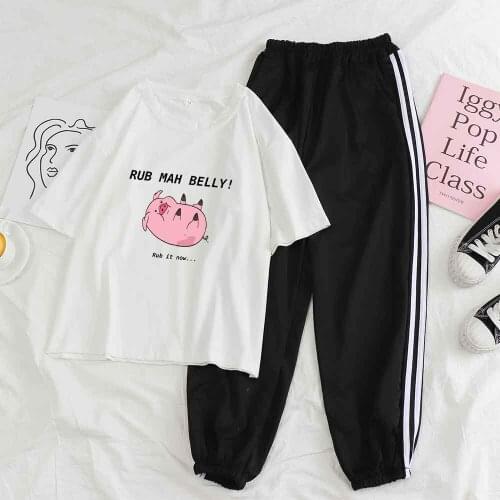 Summer Outfits Kawaii Two Piece Set Trouser Suit Cute Pig Funny Cartoon T Shirt Black Pant Set Casual Fashion Tracksuit Women